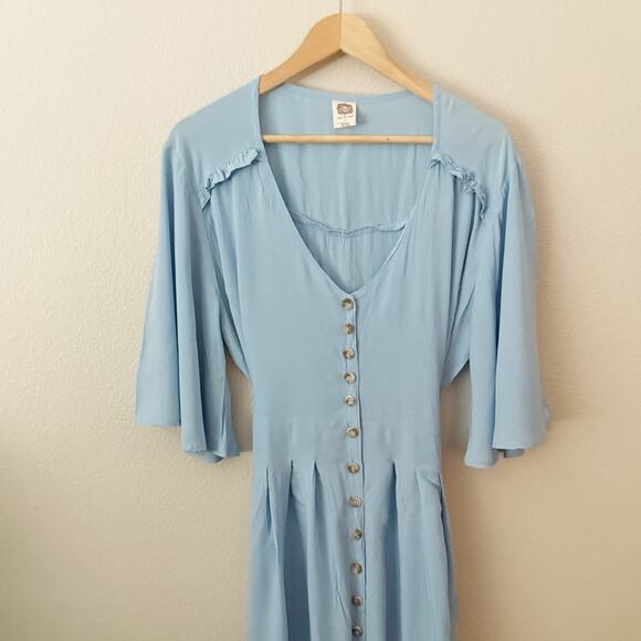 ELF | Elegant Blue Button Down Dress Lola Midi Dress Handmade Ruffle | Size XXL - Picture 4 of 11